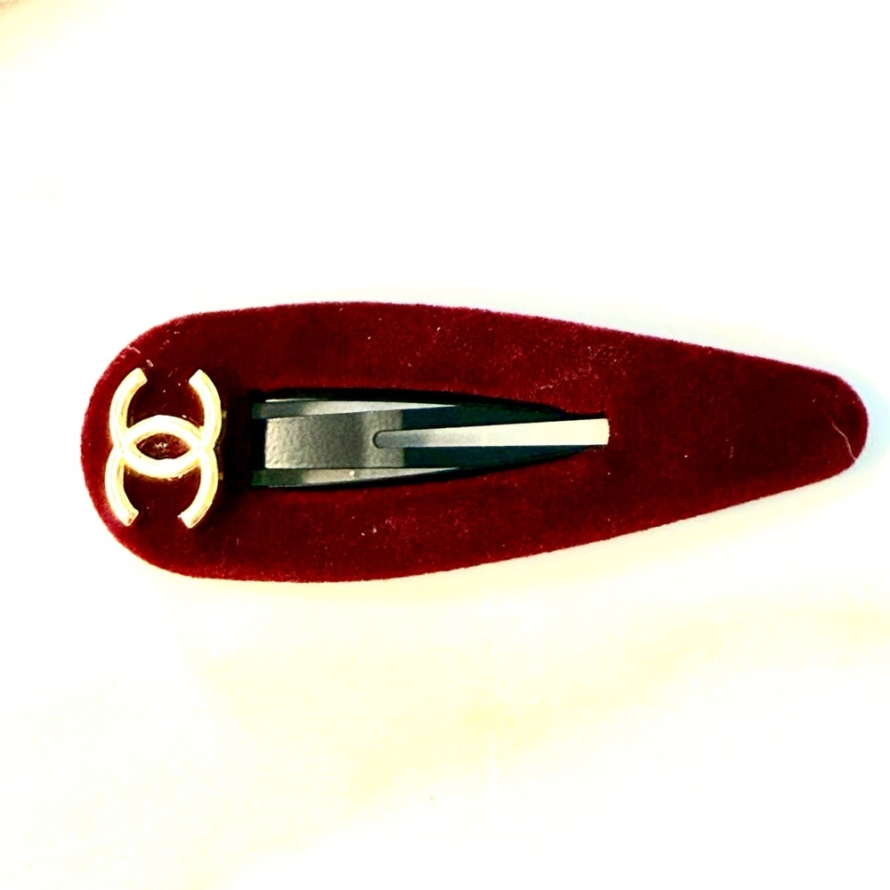 Burgundy Velvet Hair Clip with Gold Logo - Picture 1 of 3